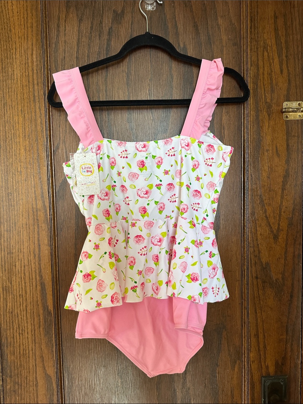 Pink Floral One-Piece Swimsuit with Ruffle Peplum - Picture 4 of 4